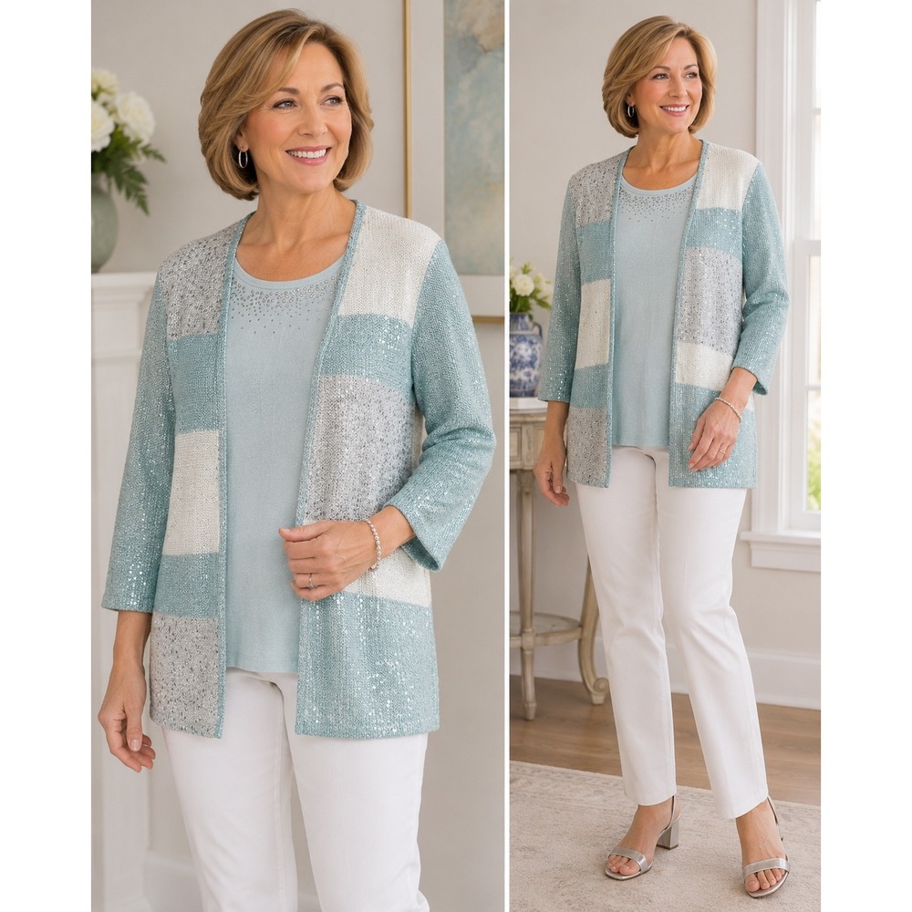 Alfred Dunner W's Aqua Sequin 2 Piece Cardigan and Embellished Tank Set Size M‎